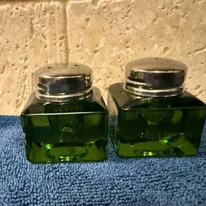 Emerald Green Hand Blown Glass Inkwells Set of 2 repurposed salt & pepper.